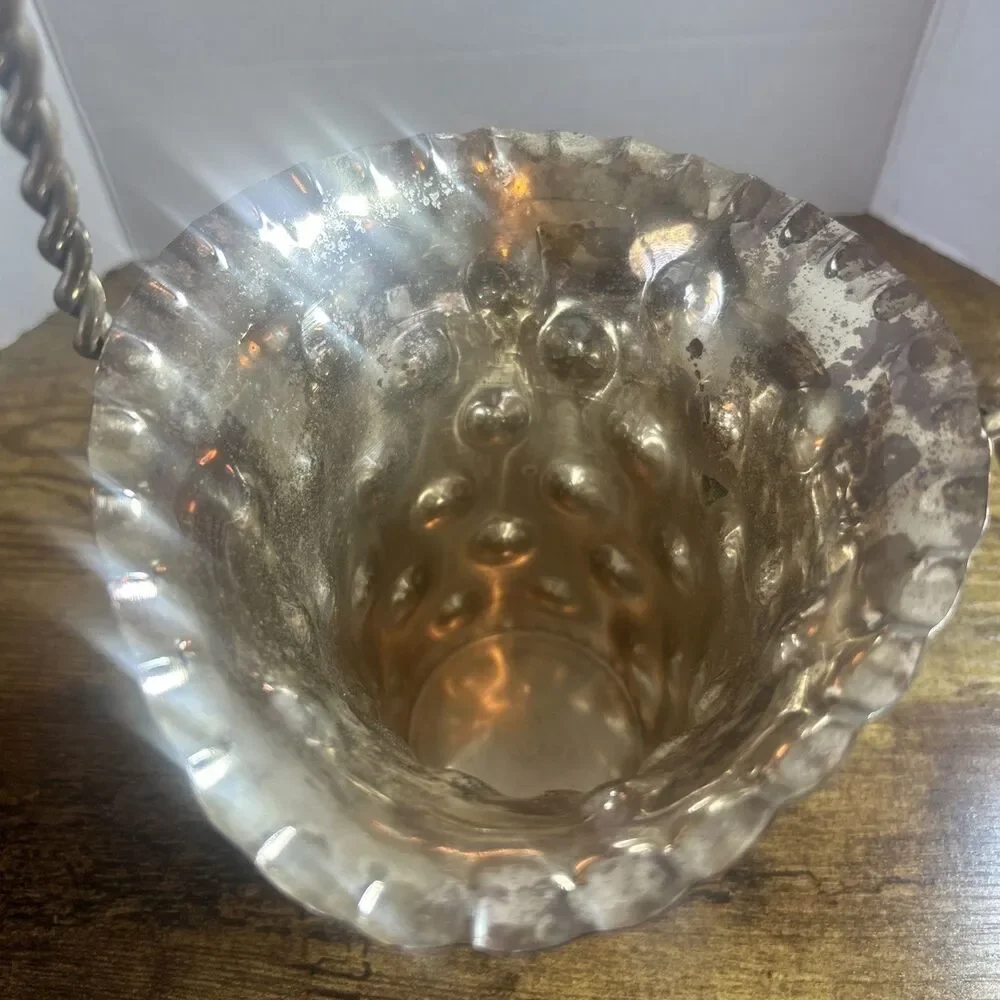 Vintage Silver Plated SNK India Dimpled Flower Basket Vase Twisted Handle 10 in